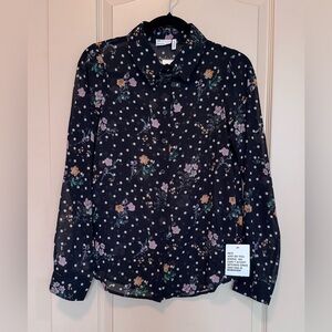 ASOS Black Sheer Polka Dot Floral Button-Down Shirt